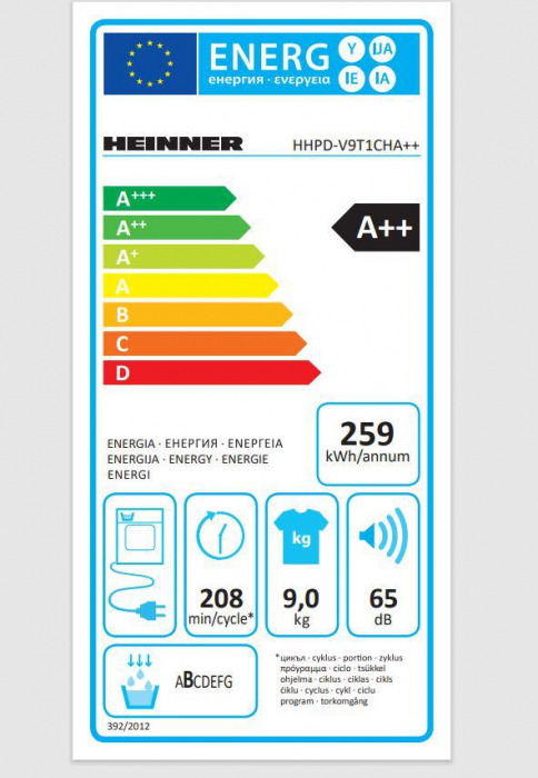 Uscator de rufe cu pompa de caldura Heinner HHPD-V9T1CHA++, Capacitate incarcare 9kg, Clasa energetica A++, 15 programe de uscare, Display LED, P...