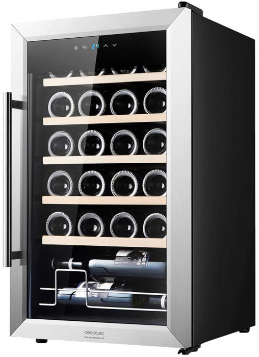 Vitrina de vin Cecotec 02345 GrandSommelier 24000 Inox Compressor, Capacitate 24 sticle, Temperatura reglabila, Iluminare LED, Control digital, Inox