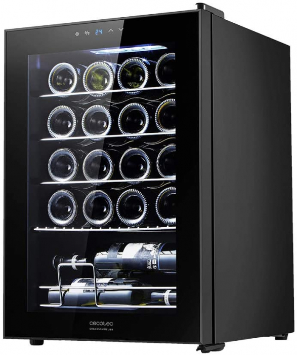 Vitrina de vin Cecotec 0341 GrandSommelier 20000 Black Compressor, Capacitate 20 sticle, Temperatura reglabila, Control digital, Iluminare LED, Negru
