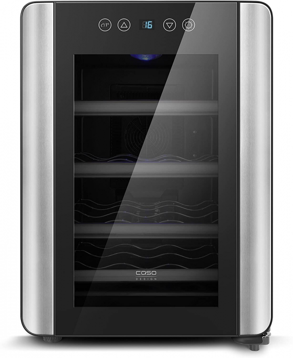 Vitrina de vinuri CASO WineCase Red 12, Capacitate 12 sticle vin rosu, Control Sensor-Touch, Clasa A, H 48 cm, Negru Inox