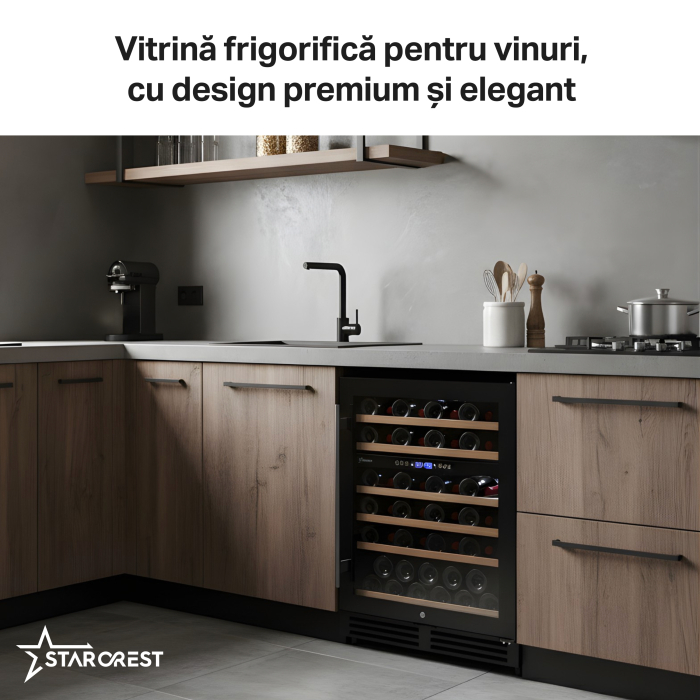Vitrina de vinuri incorporabila STARCREST SWN-13851DZ , Capacitate 51 sticle, Clasa F, Rafturi din lemn de fag, Control electronic, Display, 2 zone de racire, Iluminat interior LED, H 82 cm, Negru [5]