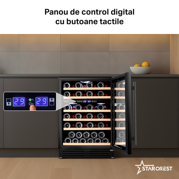 Vitrina de vinuri incorporabila STARCREST SWN-13851DZ , Capacitate 51 sticle, Clasa F, Rafturi din lemn de fag, Control electronic, Display, 2 zone de racire, Iluminat interior LED, H 82 cm, Negru [4]