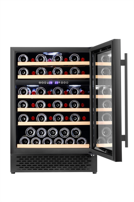 Vitrina de vinuri incorporabila STARCREST SWN-13851DZ , Capacitate 51 sticle, Clasa F, Rafturi din lemn de fag, Control electronic, Display, 2 zone de racire, Iluminat interior LED, H 82 cm, Negru [2]