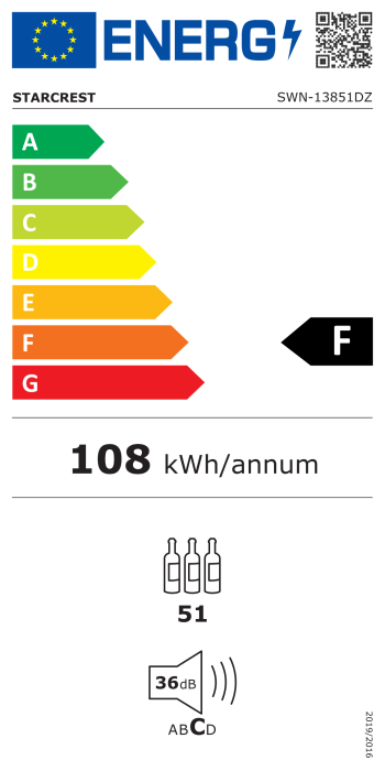 Vitrina de vinuri incorporabila STARCREST SWN-13851DZ , Capacitate 51 sticle, Clasa F, Rafturi din lemn de fag, Control electronic, Display, 2 zone de racire, Iluminat interior LED, H 82 cm, Negru [6]
