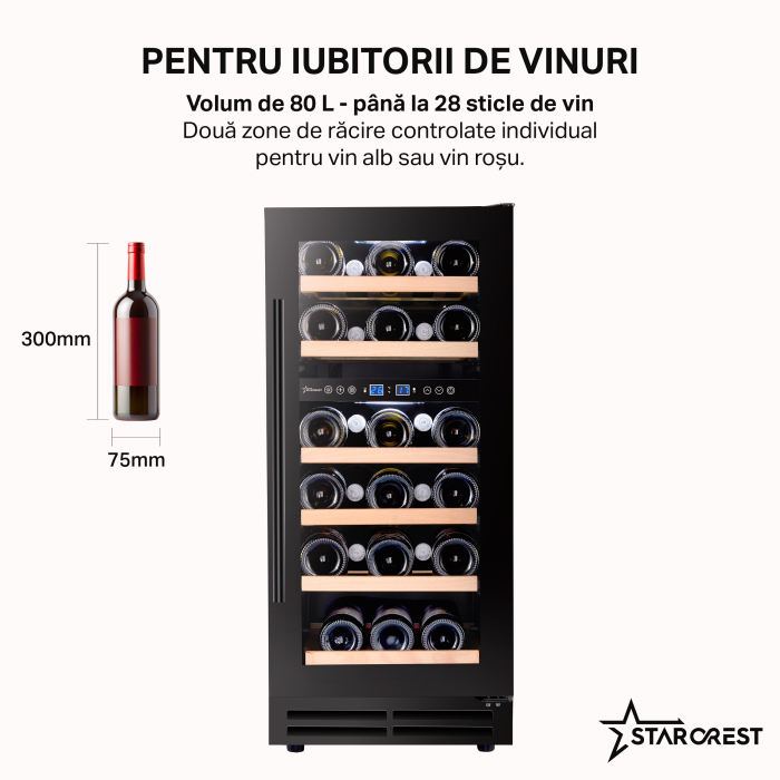 Vitrina de vinuri incorporabila STARCREST SWN-8028DZ, Capacitate 28 sticle, Clasa F, Rafturi din lemn de fag, Control electronic, Display, 2 zone de racire, Iluminat interior LED, H 85.5 cm, Negru [2]