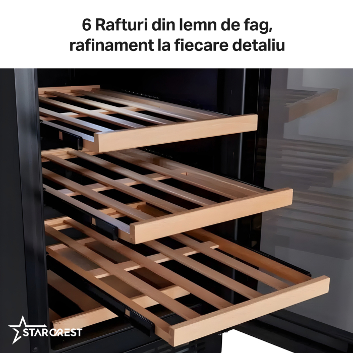 Vitrina de vinuri incorporabila STARCREST SWN-8028DZ, Capacitate 28 sticle, Clasa F, Rafturi din lemn de fag, Control electronic, Display, 2 zone de racire, Iluminat interior LED, H 85.5 cm, Negru [5]