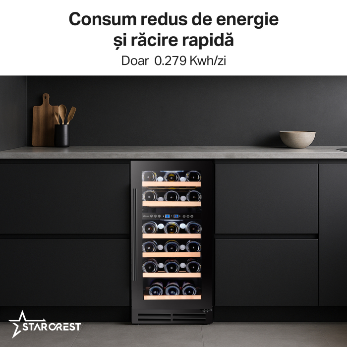 Vitrina de vinuri incorporabila STARCREST SWN-8028DZ, Capacitate 28 sticle, Clasa F, Rafturi din lemn de fag, Control electronic, Display, 2 zone de racire, Iluminat interior LED, H 85.5 cm, Negru [3]