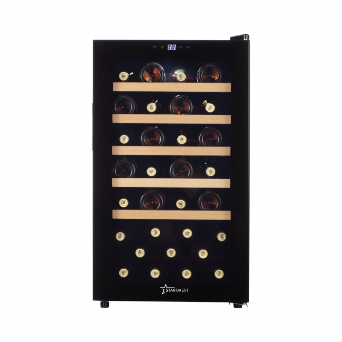 Resigilat - vitrina de vinuri starcrest swn-90bk, 31 sticle, control temperatura digital,iluminare led, usa sticla, h 79.6 cm, negru