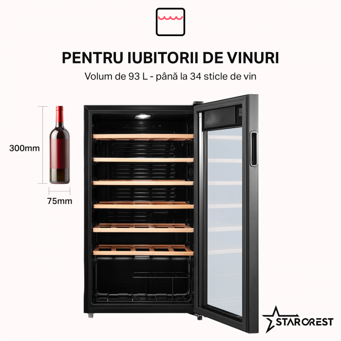 Vitrina de vinuri STARCREST SWN-9301, 93 l, 34 sticle, Control temperatura digital, Rafturi lemn,Usa sticla , H 84.5 cm, Negru [2]