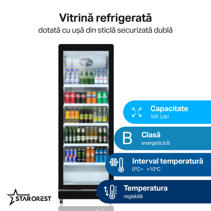 Vitrina frigorifica profesionala STARCREST SPS-591BK, 591 L, Termostat reglabil, Iluminare LED, H 194.5 cm, Negru [2]