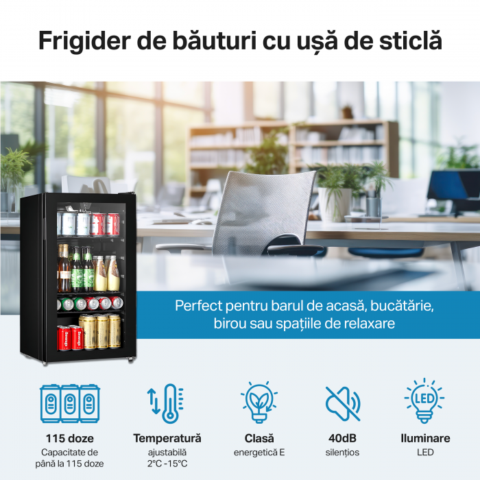 Vitrina frigorifica STARCREST SBC-9901BKE, 93 L, Termostat reglabil, Iluminare LED, Usa sticla, H 84.5 cm, Negru [3]