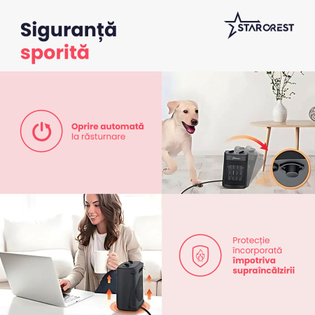 Aeroterma ceramica STARCREST SCH-20BK, 2000W, Termostat Reglabil, 3 Viteze, Functie Ventilator, Portabila, Siguranta Anti Cadere, Protectie Supraincalzire, Negru [3]