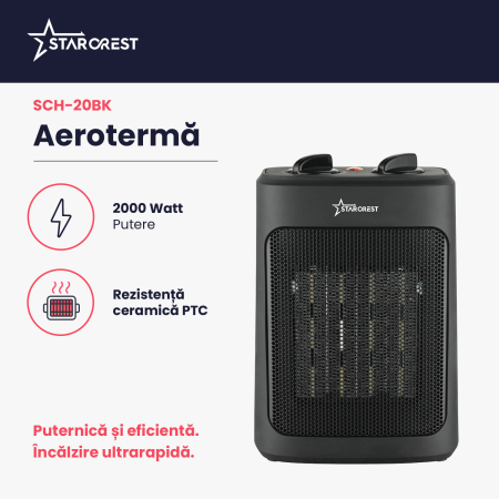 Aeroterma ceramica STARCREST SCH-20BK, 2000W, Termostat Reglabil, 3 Viteze, Functie Ventilator, Portabila, Siguranta Anti Cadere, Protectie Supraincalzire, Negru [1]