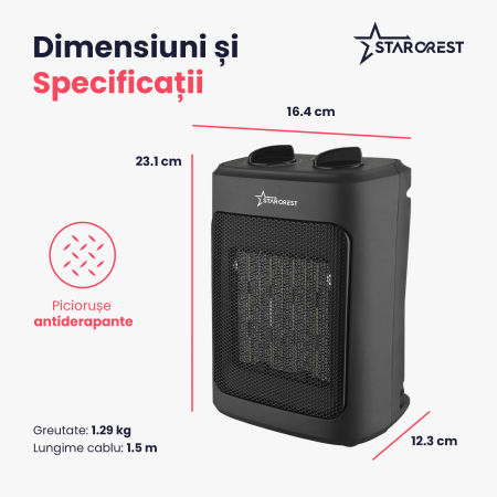 Aeroterma ceramica STARCREST SCH-20BK, 2000W, Termostat Reglabil, 3 Viteze, Functie Ventilator, Portabila, Siguranta Anti Cadere, Protectie Supraincalzire, Negru [5]