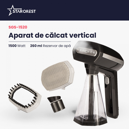 Aparat de calcat vertical STARCREST SGS-1520, 1500 W, Rezervor detasabil 260 ml, 3 Accesorii, Negru [1]