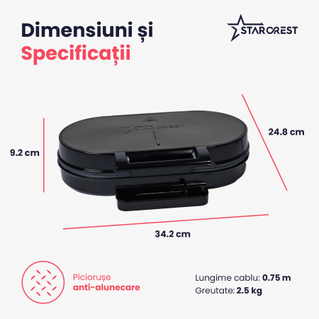 Aparat de facut vafe STARCREST WM-2602X, 1200W, Suprafata dubla, Buton reglare temperatura, Placi cu invelis antiaderent, Negru-Inox [4]