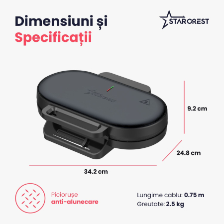 Aparat de facut vafe STARCREST WM-2602X, 1200W, Suprafata dubla, Buton reglare temperatura, Placi cu invelis antiaderent, Negru-Inox [4]