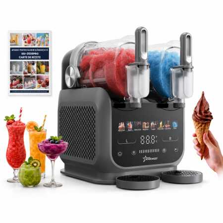 Resigilate - Aparat dual pentru Slushy / Inghetata STARCREST IceMix SSI-2536PRO, 5 L ( 2 x 2.5 L), Panou de control tactil, 8 Programe, Gri/Negru