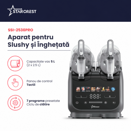 Aparat dual pentru Slushy / Inghetata STARCREST IceMix SSI-2536PRO, 5 L ( 2 x 2.5 L), Panou de control tactil, 8 Programe, Gri/Negru [1]