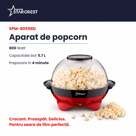Aparat pentru popcorn STARCREST SPM-8055RD, 800W, Preparare in 4 minute, Bol Servire 5.7L, Plita detasabila, Rosu [1]