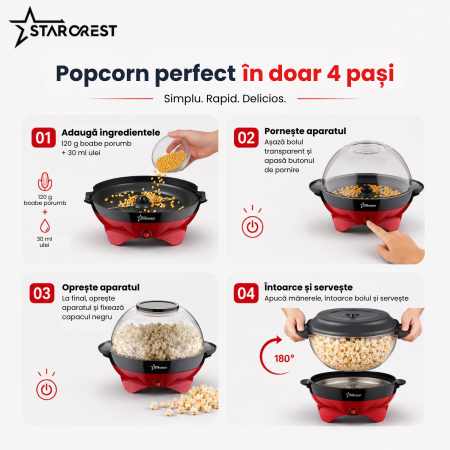 Aparat pentru popcorn STARCREST SPM-8055RD, 800W, Preparare in 4 minute, Bol Servire 5.7L, Plita detasabila, Rosu [2]