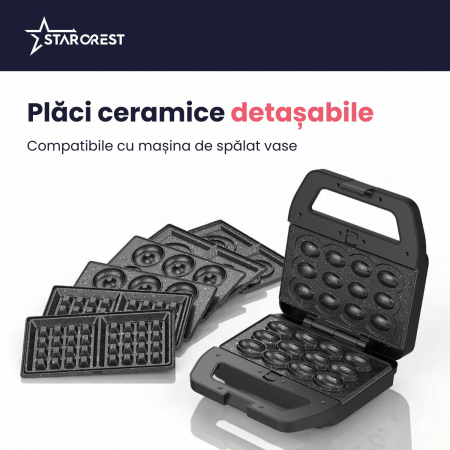 Aparatul pentru deserturi 4 în 1 STARCREST SDM-4110BX, 800W, placi detasabile cu invelis ceramic pentru vafe, nuci, gogosi si smile sandwich, negru [2]