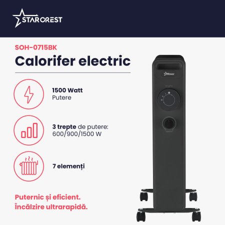 Calorifer electric cu ulei STARCREST SOH-0715BK, 1500 W, 7 elementi, 3 trepte de putere, Termostat mecanic, Protectie supraincalzire, Siguranta anti cadere, Negru [2]