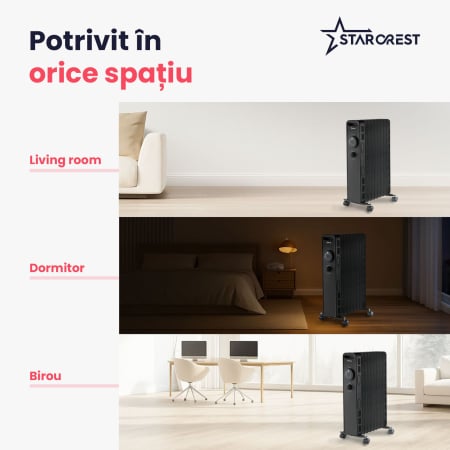 Calorifer electric cu ulei STARCREST SOH-0715BK, 1500 W, 7 elementi, 3 trepte de putere, Termostat mecanic, Protectie supraincalzire, Siguranta anti cadere, Negru [4]
