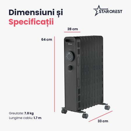 Calorifer electric cu ulei STARCREST SOH-0715BK, 1500 W, 7 elementi, 3 trepte de putere, Termostat mecanic, Protectie supraincalzire, Siguranta anti cadere, Negru [6]