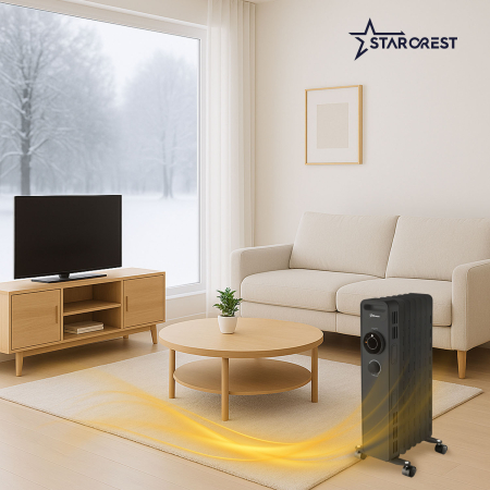 Resigilat - Calorifer electric cu ulei STARCREST SOH-0715BK, 1500 W, 7 elementi, 3 trepte de putere, Termostat mecanic, Protectie supraincalzire, Siguranta anti cadere, Negru [9]