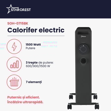 Calorifer electric cu ulei STARCREST SOH-0715BK, 1500 W, 7 elementi, 3 trepte de putere, Termostat mecanic, Protectie supraincalzire, Siguranta anti cadere, Negru [1]