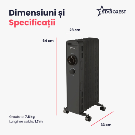 Calorifer electric cu ulei STARCREST SOH-0715BK, 1500 W, 7 elementi, 3 trepte de putere, Termostat mecanic, Protectie supraincalzire, Siguranta anti cadere, Negru [7]