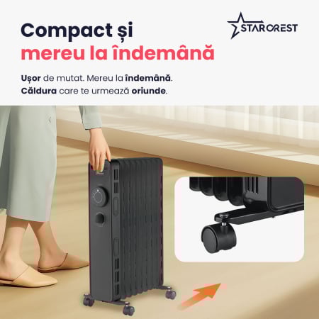 Calorifer electric cu ulei STARCREST SOH-0715BK, 1500 W, 7 elementi, 3 trepte de putere, Termostat mecanic, Protectie supraincalzire, Siguranta anti cadere, Negru [5]