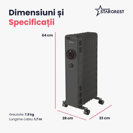 Calorifer electric cu ulei STARCREST SOH-0715BK, 1500 W, 7 elementi, 3 trepte de putere, Termostat mecanic, Protectie supraincalzire, Siguranta anti cadere, Negru [7]