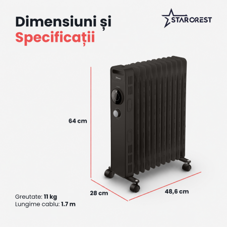 Calorifer electric cu ulei STARCREST SOH-1123MBK, 2300 W, 11 elementi, 3 trepte de putere, Termostat mecanic, Protectie supraincalzire, Siguranta anti cadere, Negru [6]