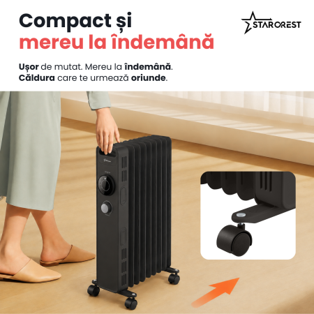 Calorifer electric cu ulei STARCREST SOH-1123MBK, 2300 W, 11 elementi, 3 trepte de putere, Termostat mecanic, Protectie supraincalzire, Siguranta anti cadere, Negru [5]
