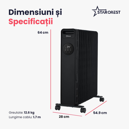 Calorifer electric cu ulei STARCREST SOH-1325BK, 2500 W, 13 elementi, Temporizator, 3 trepte de putere, Termostat digital, Protectie supraincalzire, Siguranta anti cadere, Negru [5]