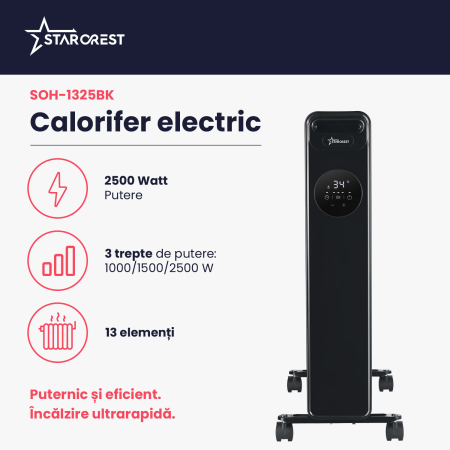 Calorifer electric cu ulei STARCREST SOH-1325BK, 2500 W, 13 elementi, Temporizator, 3 trepte de putere, Termostat digital, Protectie supraincalzire, Siguranta anti cadere, Negru [1]