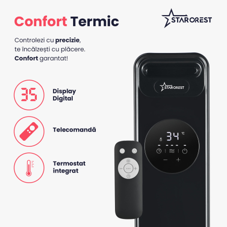 Calorifer electric cu ulei STARCREST SOH-1325BK, 2500 W, 13 elementi, Temporizator, 3 trepte de putere, Termostat digital, Protectie supraincalzire, Siguranta anti cadere, Negru [2]