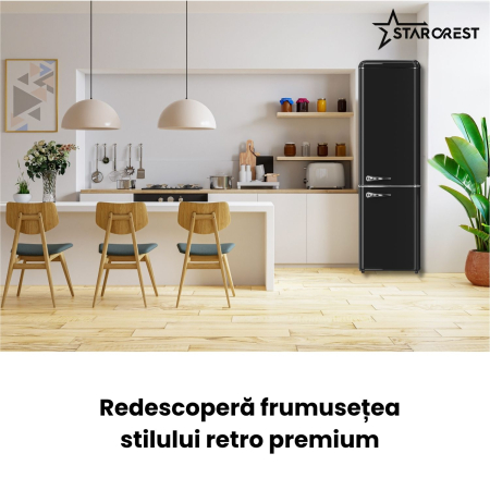 Combina frigorifica retro STARCREST SRC-250BK, Design Vintage, Clasa E, Capacitate 250 L, Termostat reglabil, Iluminare LED, H 188.3 cm, Negru [5]