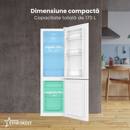 Combina frigorifica STARCREST SC-170WH-E, 170 L, Clasa E, Less Frost, Termostat reglabil, Iluminare LED, Picioare ajustabile, Usi reversibile, H 151.8 cm, Alb [2]