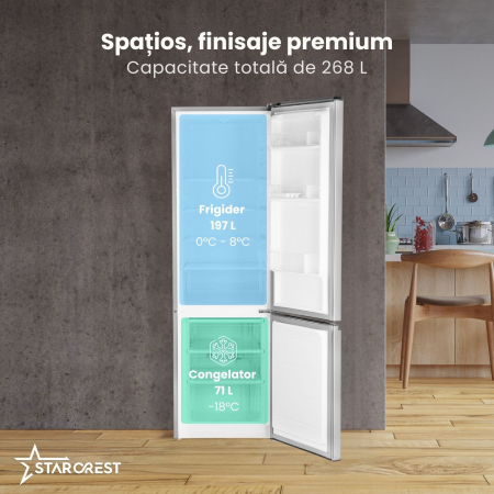 Combina frigorifica STARCREST SC-268IX-E, 268 L, Clasa E, Less Frost, Termostat reglabil, Iluminare LED, Suprafata Inox antiamprenta, Picioare ajustabile, Usi reversibile, H 178 cm, Inox [2]