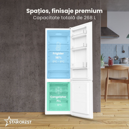 Combina frigorifica STARCREST SC-268WH-E, 268 L, Clasa E, Less Frost, Termostat reglabil, Iluminare LED, Picioare ajustabile, Usi reversibile, H 178 cm, Alb [2]