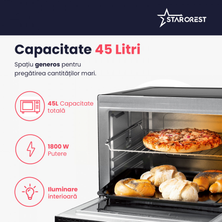 Cuptor electric STARCREST SO-4520BK , 45L, 1800W, Rotisor, Convectie, 12 Programe predefinite, Interfata digitala, Negru [3]