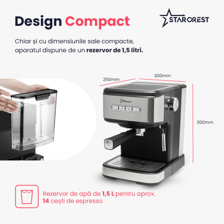 Espressor STARCREST SEM-850SLBK, 850W, 20 bar, rezervor detasabil 1.5L, dispozitiv spumare, filtru dublu din inox, Negru/Inox [4]