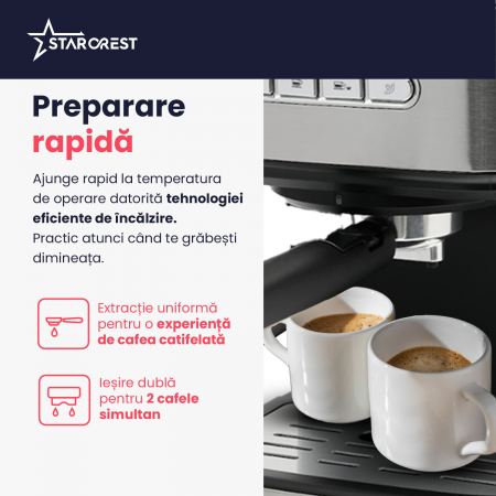 Espressor STARCREST SEM-850SLBK, 850W, 20 bar, rezervor detasabil 1.5L, dispozitiv spumare, filtru dublu din inox, Negru/Inox [6]