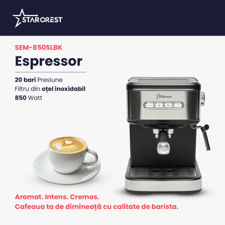 Espressor STARCREST SEM-850SLBK, 850W, 20 bar, rezervor detasabil 1.5L, dispozitiv spumare, filtru dublu din inox, Negru/Inox [1]