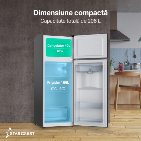 Frigider cu 2 usi STARCREST SF-203WD-BKE, 203 L, Clasa E, Dozator Apa, Iluminare LED, Termostat Ajustabil, Usi reversibile, H 145 cm, Negru [1]