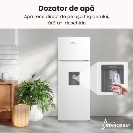 Frigider cu 2 usi STARCREST SF-203WD-WHE, 203 L, Clasa E, Dozator Apa, Iluminare LED, Termostat Ajustabil, Usi reversibile, H 145 cm, Alb [2]