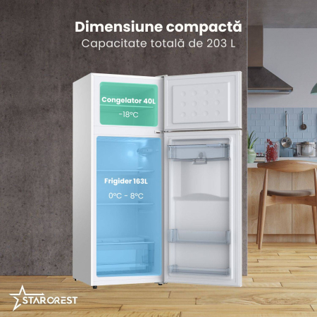 Frigider cu 2 usi STARCREST SF-203WD-WHE, 203 L, Clasa E, Dozator Apa, Iluminare LED, Termostat Ajustabil, Usi reversibile, H 145 cm, Alb [1]